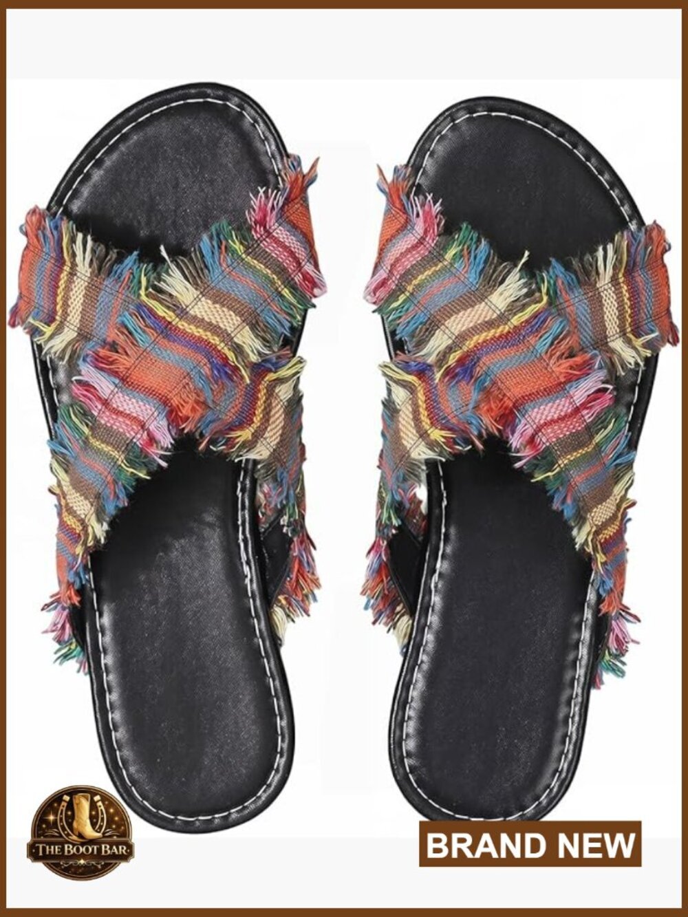 Boho Criss Cross Flat Sandals with Frayed Trim Open Toe Slip On Beach Vacation